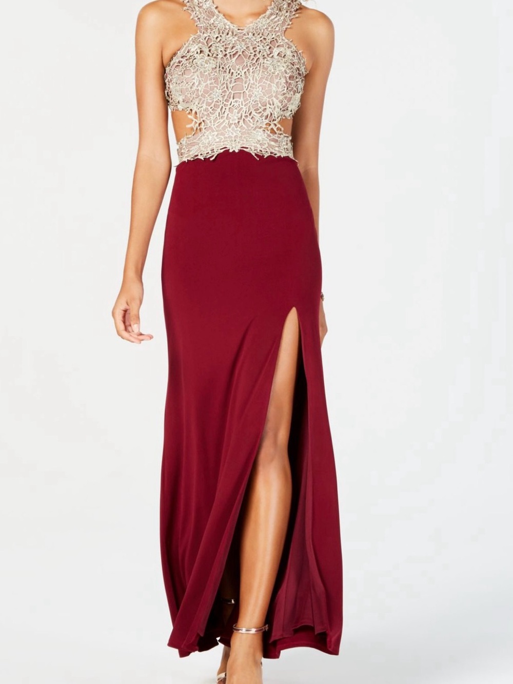 Backless Burgundy Lace-Trim Evening Gown with Gemstones
